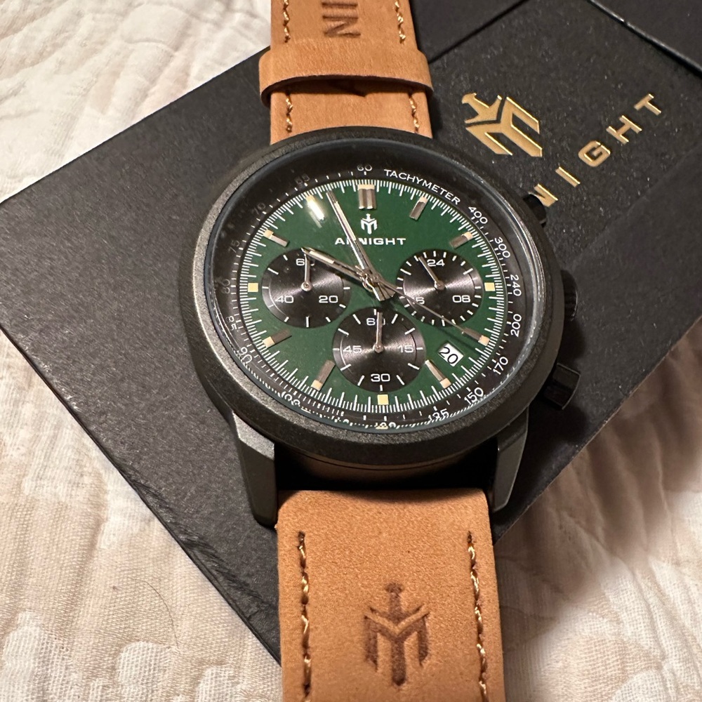 Aknight Green Dial Chronograph Watch with Tan Leather Strap